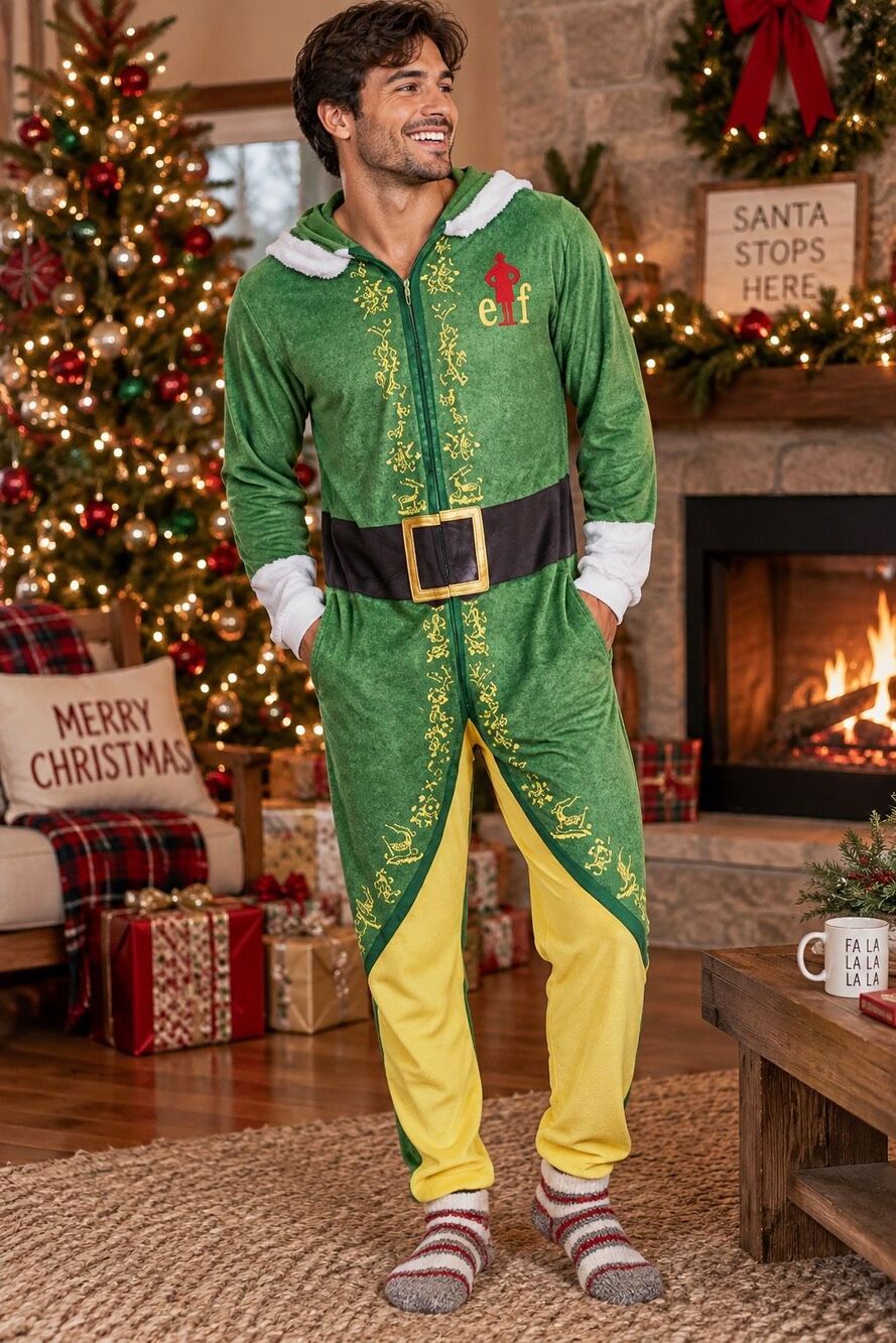 Elf Buddy The Elf Christmas Costume Hooded One Piece Pajama Jumpsuit Medium